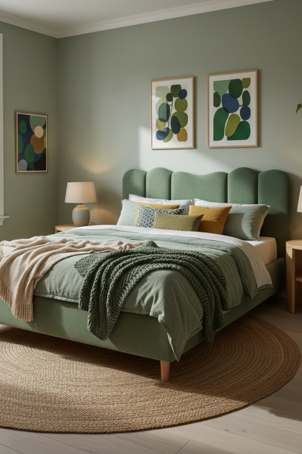 Sculptural Bed, Sage Green Chenille Upholstery, Organic Wave Headboard, Vibrant Scandinavian Bedroom