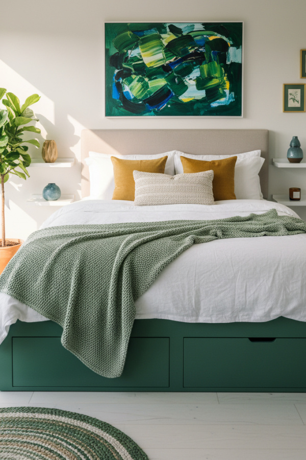 Storage Bed, Sage Green Painted Drawers, Built-In Base, Modern Neutral Bedroom