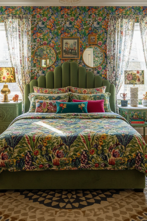 Upholstered Bed, Sage Green Teddy Fabric, Scalloped Headboard Edge, Vibrant Maximalist Bedroom