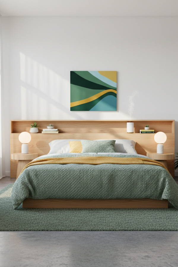 Low-Profile Bed, Sage Green Textured Weave, Integrated Shelf Headboard, Bright Minimalist Bedroom