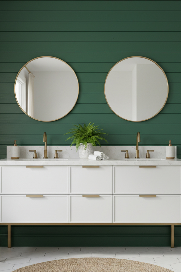 Forest Green Shiplap Accent Wall Behind Freestanding Vanity