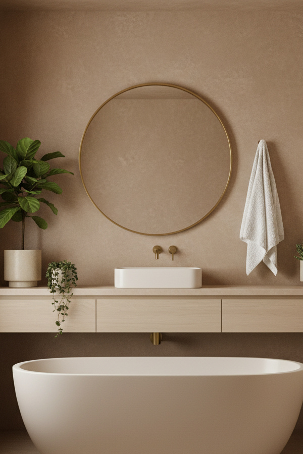 Warm Taupe Microcement Walls And Floors For Seamless Look