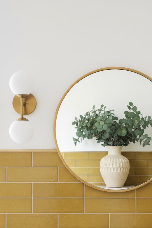Mustard Yellow Matte Tile Wainscoting With White Upper Walls