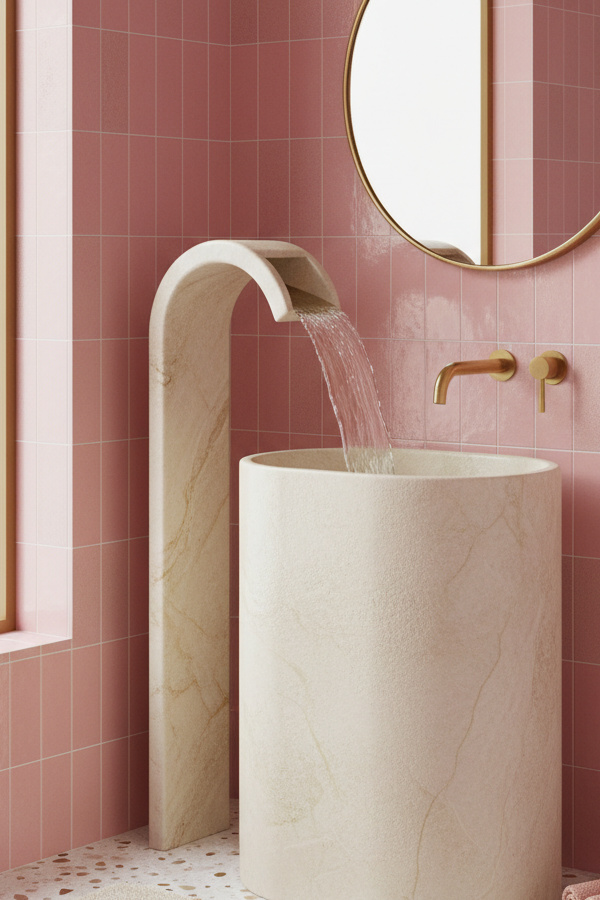 Sculptural Stone Pedestal Sink With Waterfall Spout