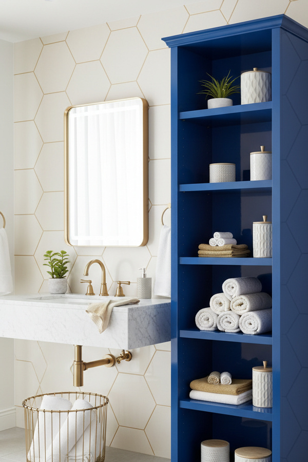 Electric Blue Lacquered Storage Tower With Open Shelving