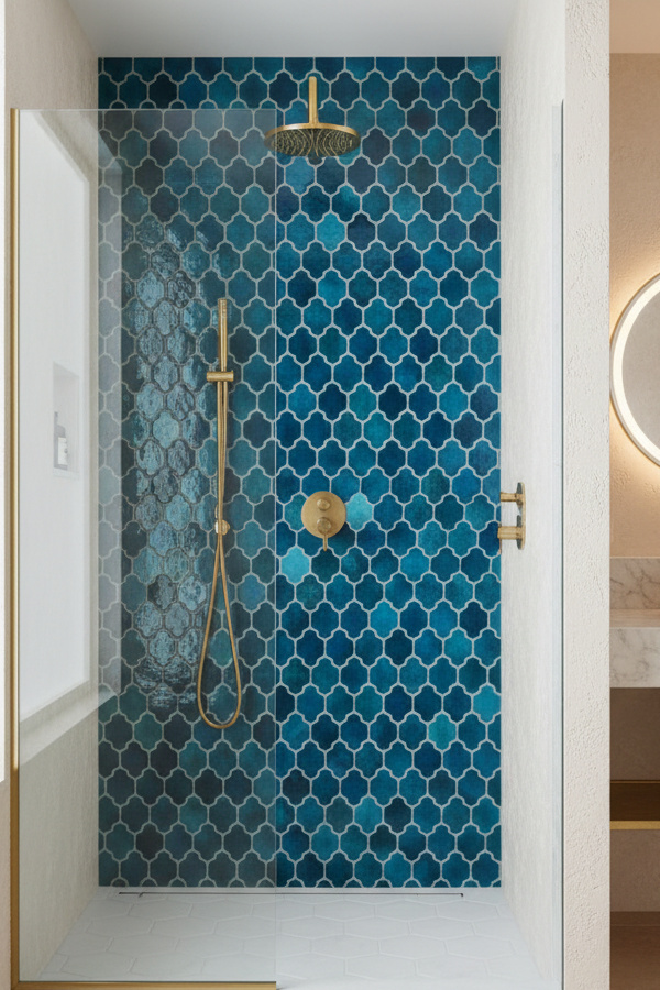 Peacock Teal Arabesque Tile Feature Wall In Shower