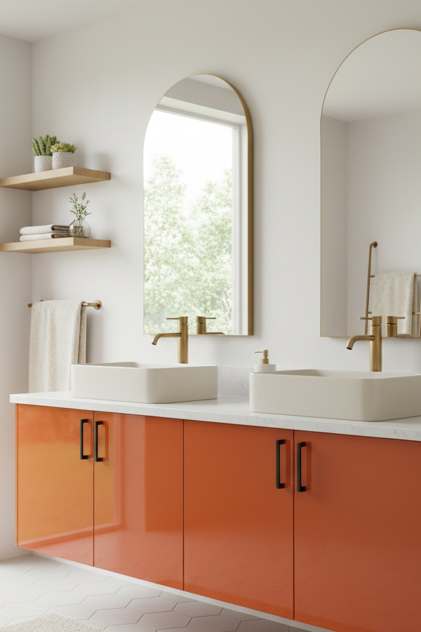 Tangerine Orange Glossy Cabinet Doors With Matte Black Pulls