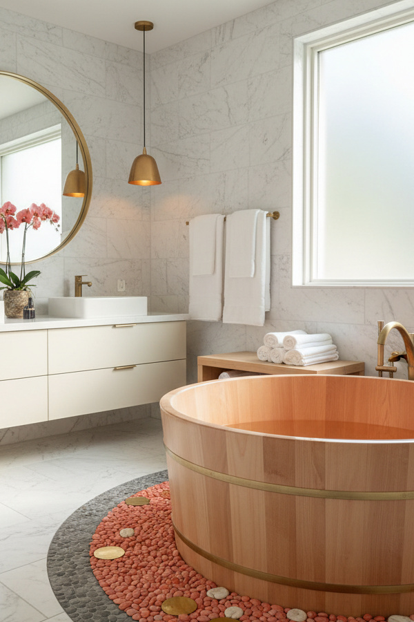 Japanese Soaking Tub With Wooden Surround And Pebble Mat