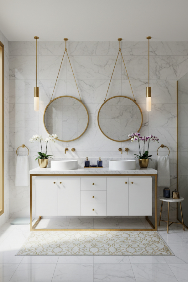 Modern Glamorous Shine Double Sink Bathroom Vanity, White Marble-Top Double Vanity, 2 Round Gold Mirrors