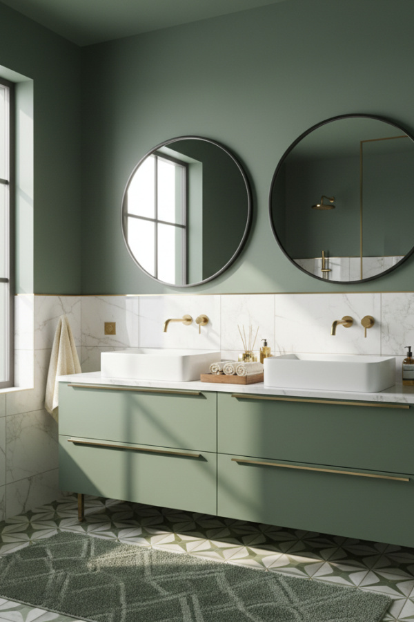 Modern Sultry Charm Double Sink Bathroom Vanity, Olive Green Lacquered Double Vanity, 2 Round Black Mirrors