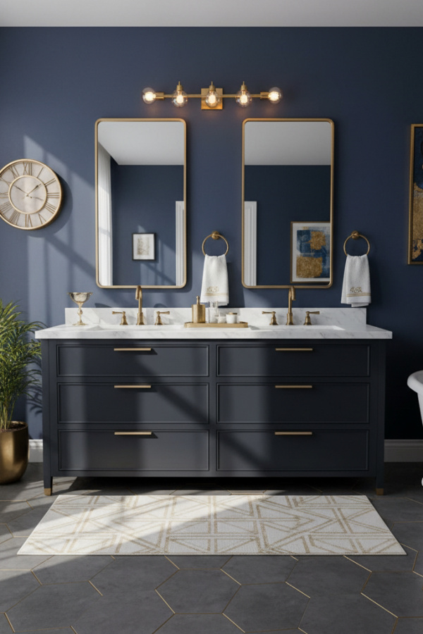 Modern Urban Chic Double Sink Bathroom Vanity, Matte Black Double Vanity, 2 Gold-Accented Mirrors