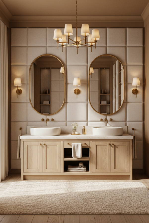 Modern Plush Harmony Double Sink Bathroom Vanity, Cream Wooden Double Vanity, 2 Oval Mirrored Frames