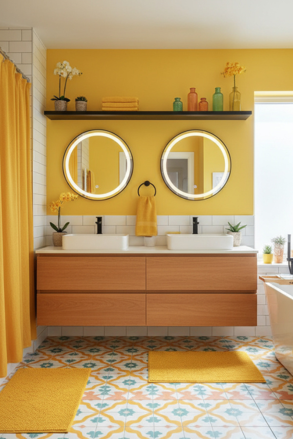 Modern Vibrant Flair Double Sink Bathroom Vanity, Terracotta Double Vanity, 1 Black Storage Shelf