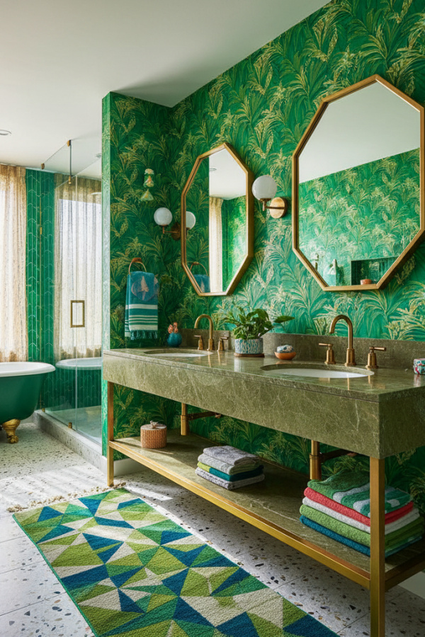 Modern Eclectic Pop Double Sink Bathroom Vanity, Olive Green Marble-Top Double Vanity, 2 Hexagonal Gold Mirrors