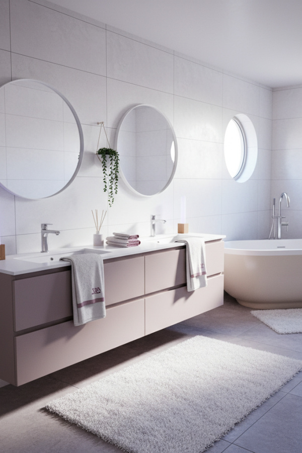 Modern Modern Serenity Double Sink Bathroom Vanity, Mauve Double Vanity, 2 Round White Mirrors,
