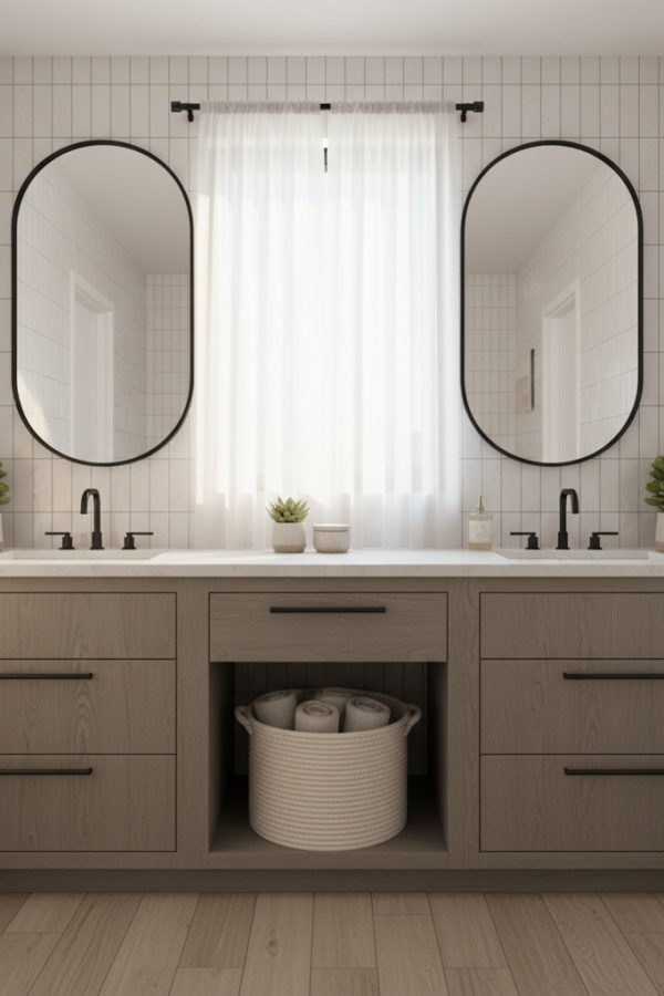 Modern Chic Retreat Double Sink Bathroom Vanity, Greige Wooden Double Vanity, 2 Oval Black Mirrors, 1 Cream Woven Basket