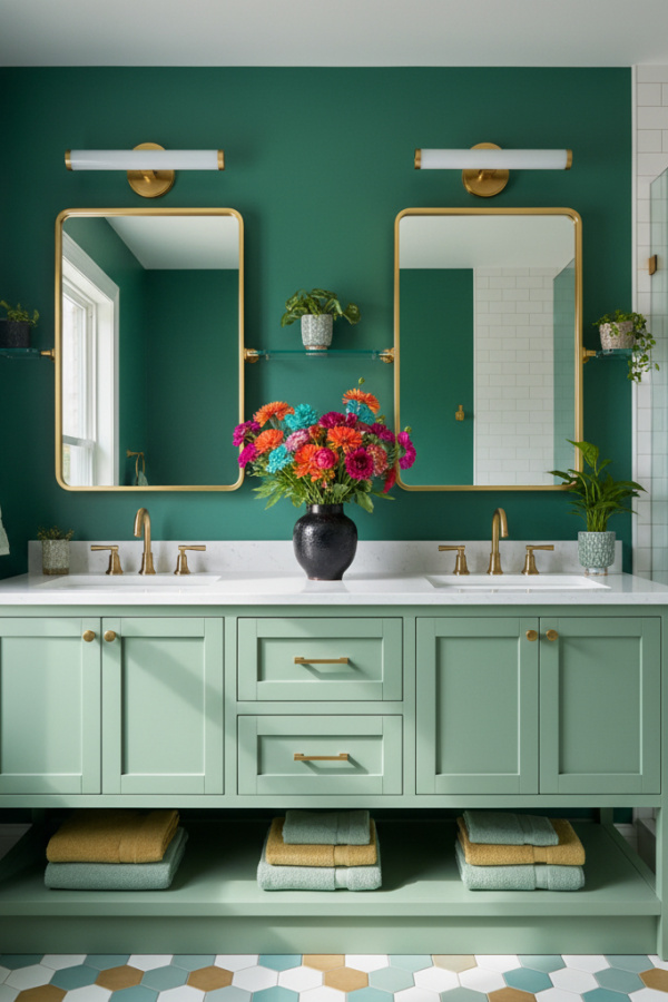 Modern Vibrant Charm Double Sink Bathroom Vanity, Sage Green Double Vanity, 2 Rectangular Gold Mirrors, 1 Black Ceramic Vase