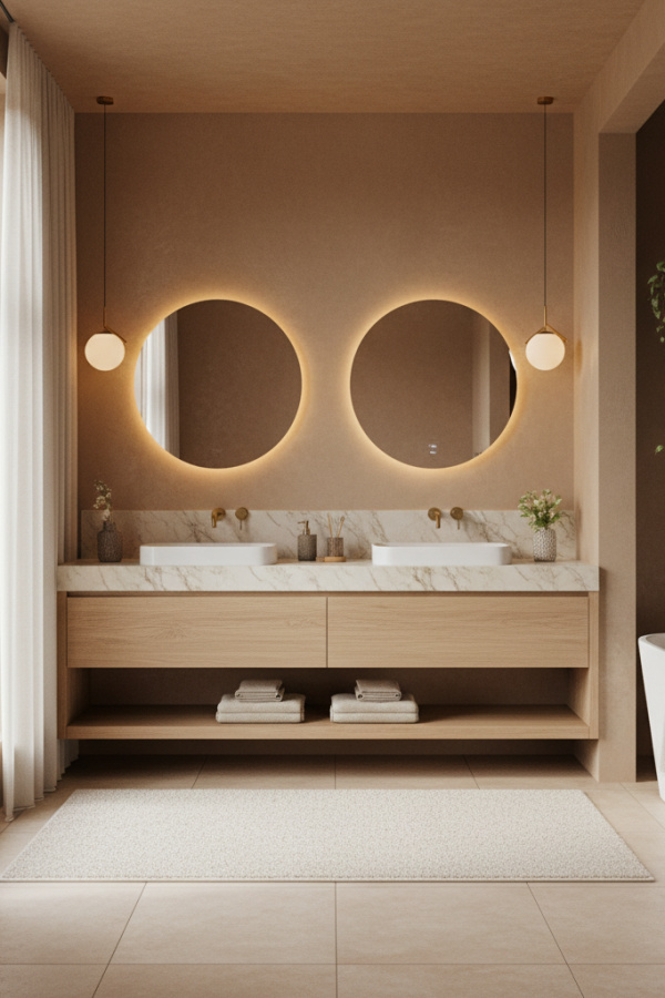 Modern Warm Elegance Double Sink Bathroom Vanity, Oak Wood Double Vanity, 1 Marble Storage Shelf