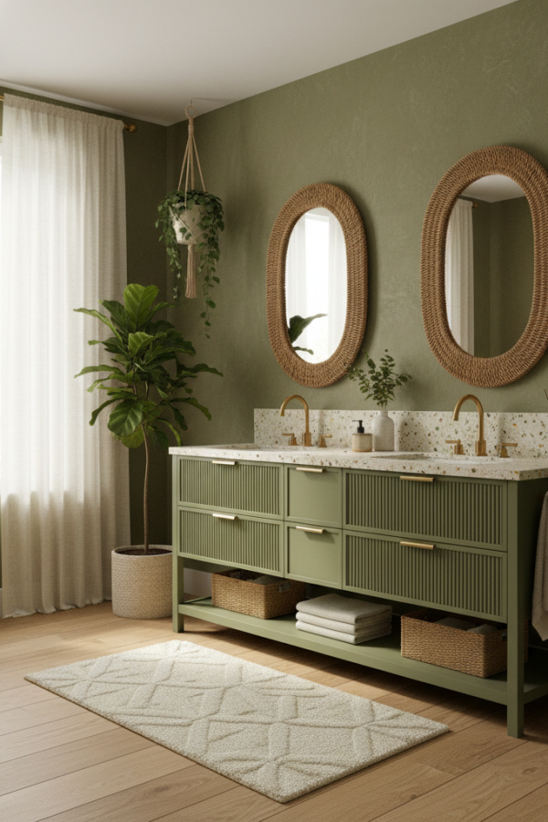 Modern Boho Luxe Double Sink Bathroom Vanity, Olive Green Wooden Double Vanity, 2 Oval Woven Mirrors