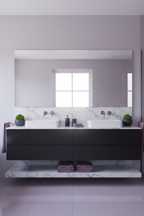 Modern Sleek Minimalist Double Sink Bathroom Vanity, Black Lacquered Double Vanity, 1 Marble Storage Shelf