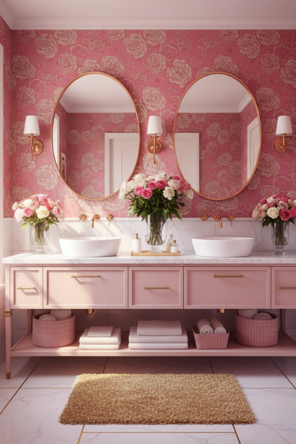 Modern Romantic Elegance Double Sink Bathroom Vanity, Blush Pink Double Vanity, 2 Oval Rose Gold Mirrors