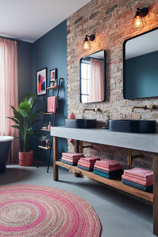 Modern Industrial Chic Double Sink Bathroom Vanity, Concrete-Top Double Vanity, 2 Rectangular Black Mirrors