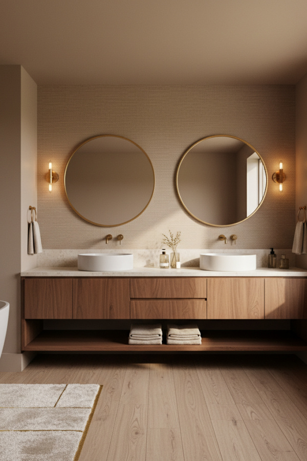 Modern Cozy Sophisticate Double Sink Bathroom Vanity, Walnut Wood Double Vanity, 2 Round Ceramic Mirrors