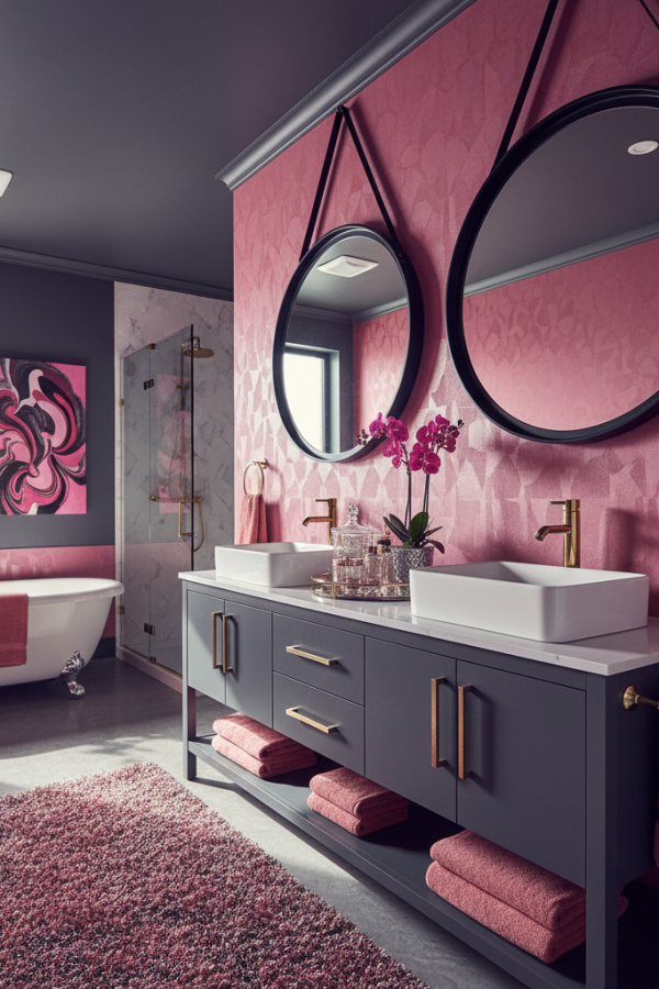 Modern Edgy Glam Double Sink Bathroom Vanity, Charcoal Gray Double Vanity, 1 Mirrored Glass Tray