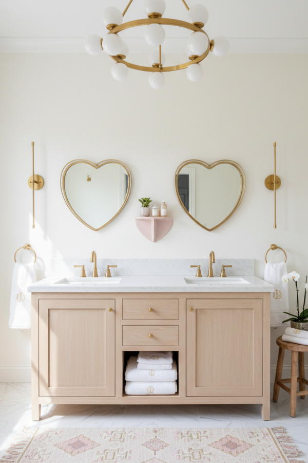 Modern Feminine Bliss Double Sink Bathroom Vanity, Ivory Wooden Double Vanity, 2 Heart-Shaped Mirrors, 1 Pink Ceramic Shelf