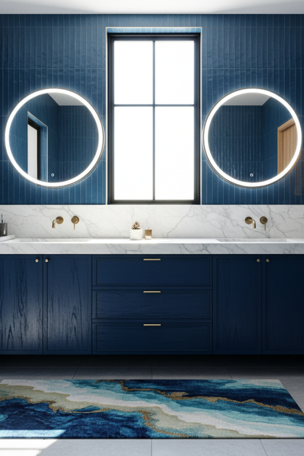 Modern Bold Tranquility Double Sink Bathroom Vanity, Navy Blue Double Vanity, 1 White Marble Counter Tray