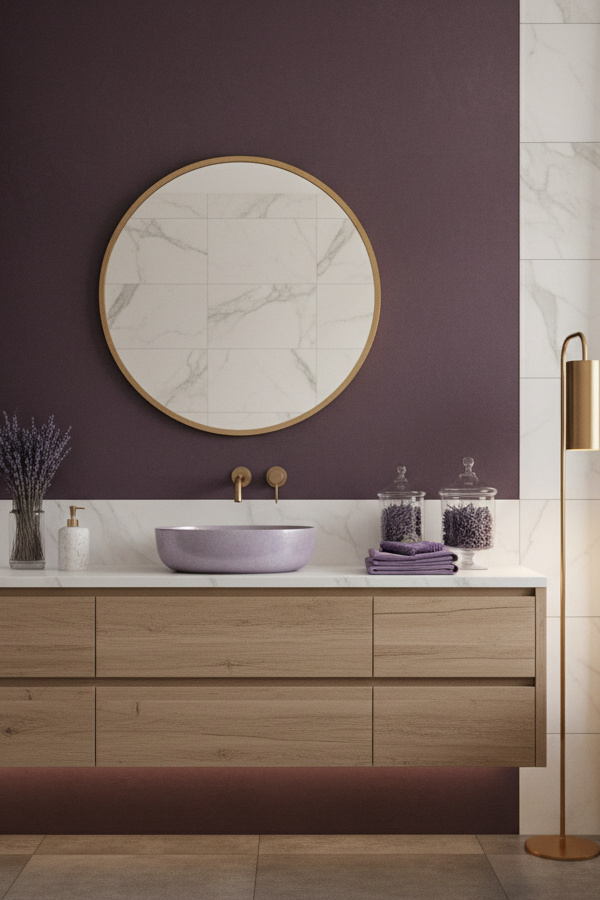 Deep Plum Accent Wall Behind Floating Vanity Deep Plum Accent Wall Behind Floating Vanity