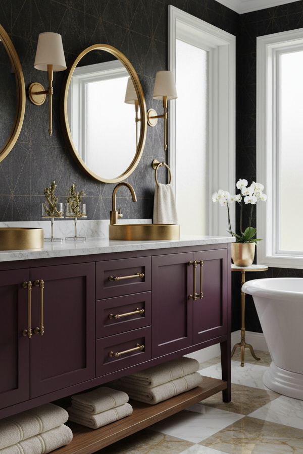 Deep Burgundy Vanity Cabinet With Aged Brass Hardware Deep Burgundy Vanity Cabinet With Aged Brass Hardware