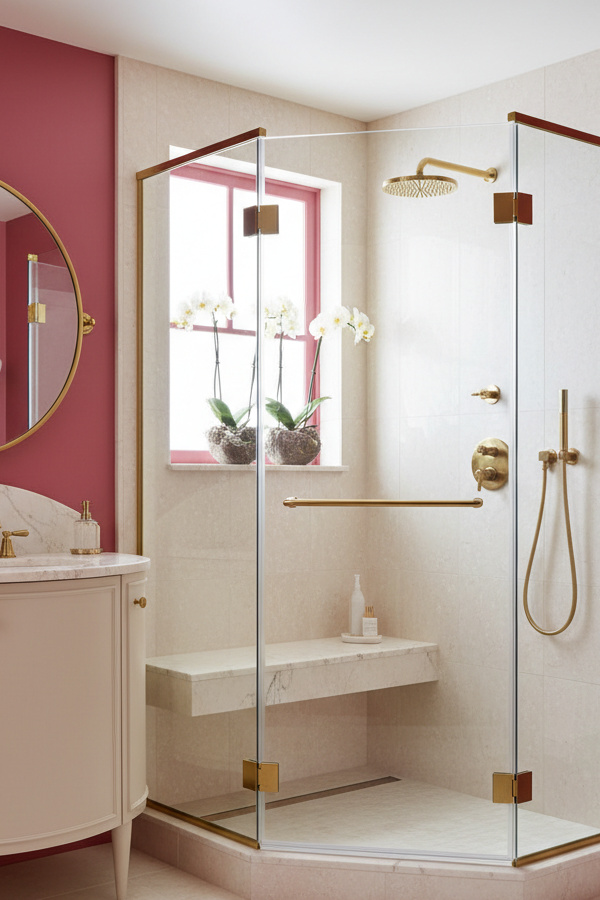 Corner Shower Room Design With Neo-Angle Glass