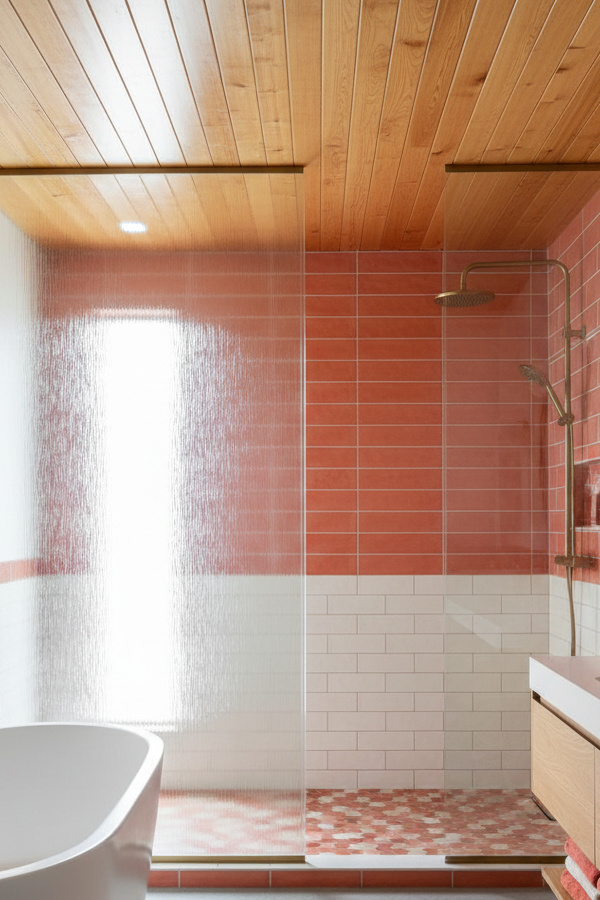 Wood Accent Ceiling Shower Room Design