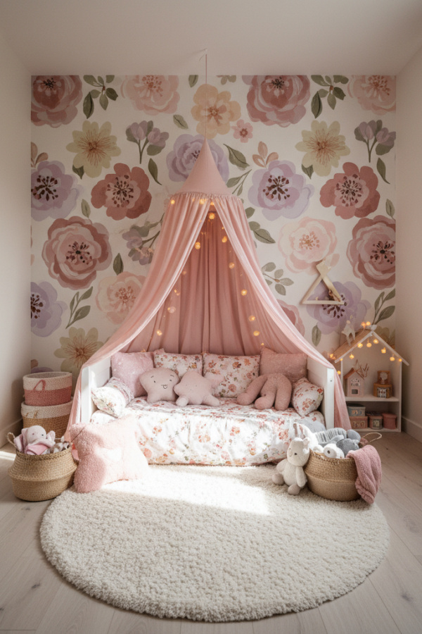 Modern Whimsical Charm Toddler Girl Bedroom, Pink Toddler Canopy Bed, 1 Floral Wall Decal, 1 Plush White Rug