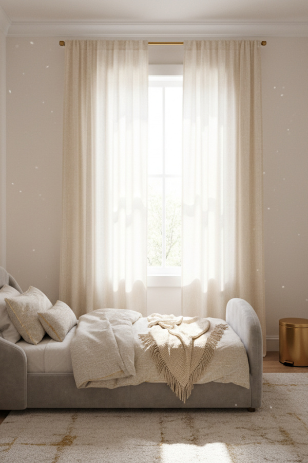 Modern Soft Serenity Toddler Girl Bedroom, Greige Toddler Bed, 1 Cream Linen Curtain, 1 Gold Moon Light