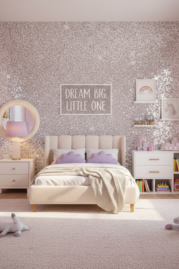 Modern Sparkle Joy Toddler Girl Bedroom, Cream Toddler Bed, 2 Lilac Pillows, 1 Silver Glitter Wall Art