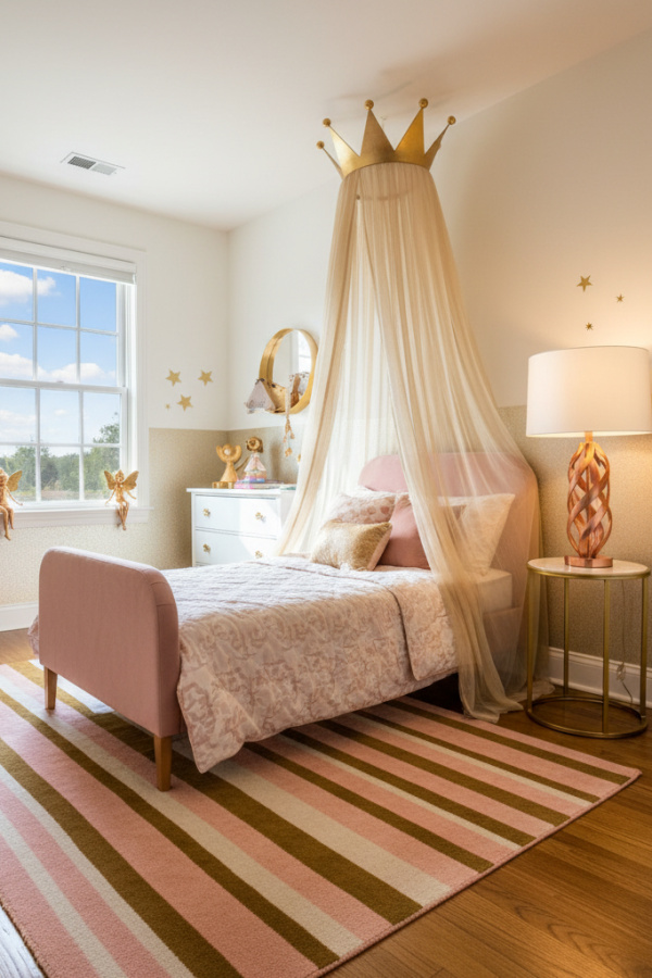 Modern Fairy Chic Toddler Girl Bedroom, Dusty Rose Toddler Bed, 1 Striped Rug, 1 Rose Gold Table Lamp
