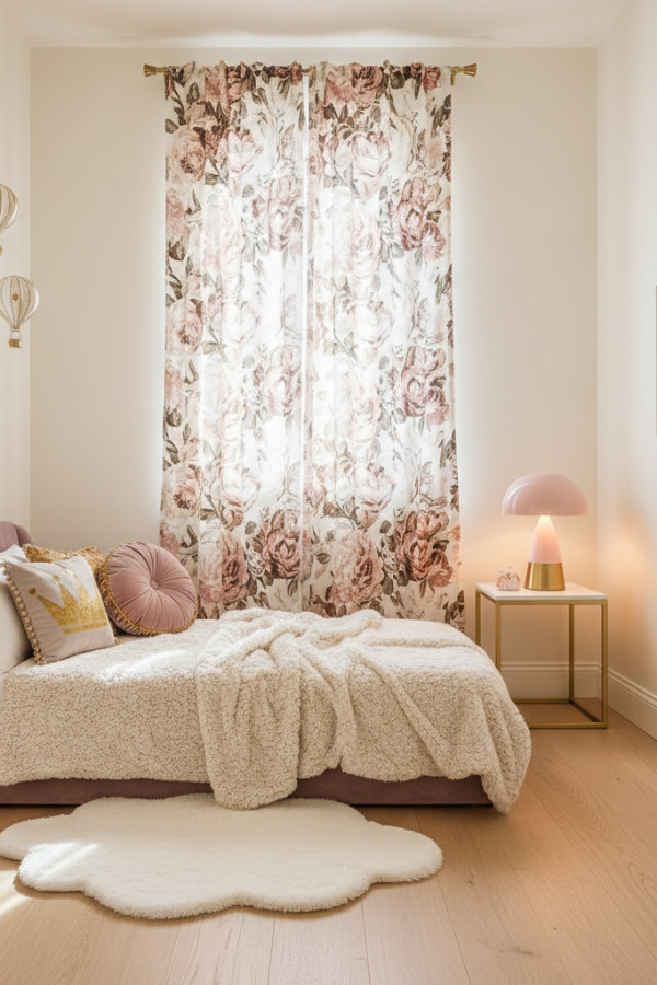 Modern Playful Luxe Toddler Girl Bedroom, Mauve Toddler Bed, 1 Floral Curtain Panel, 1 Plush Cream Throw