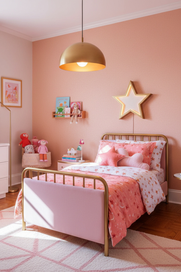 Modern Magical Glow Toddler Girl Bedroom, Light Pink Toddler Bed, 1 Star-Shaped Wall Art, 1 Brass Pendant Light