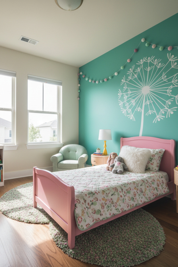 Modern Sweet Retreat Toddler Girl Bedroom, Rose Pink Toddler Bed, 1 Mint Green Wall Decal, 1 Fluffy White Pillow