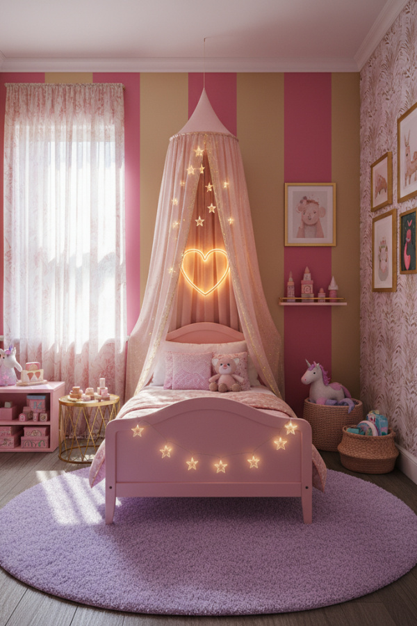 Modern Enchanted Bliss Toddler Girl Bedroom, Blush Toddler Canopy Bed, 1 Gold Heart Light, 1 Lavender Rug