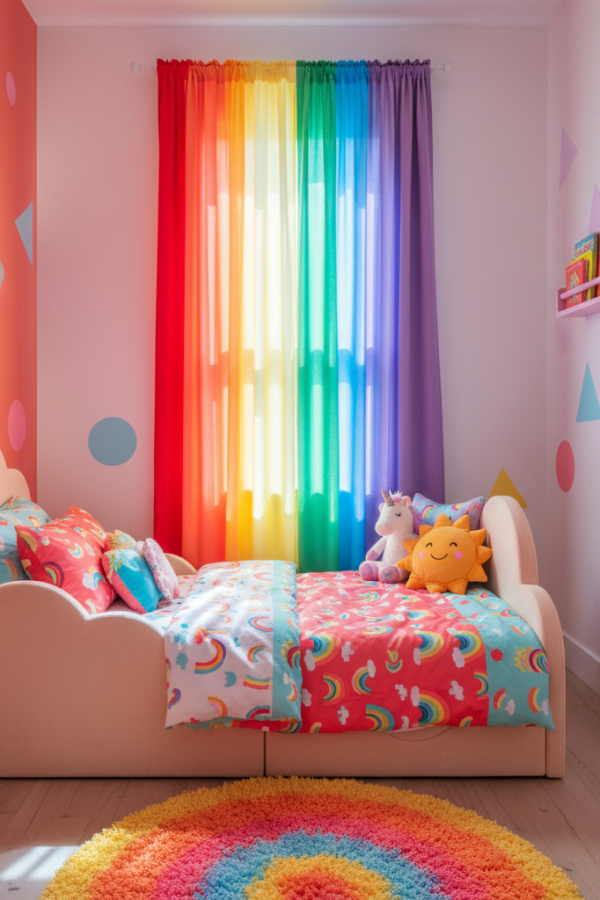 Modern Playful Pop Toddler Girl Bedroom, Pale Peach Toddler Bed, 1 Rainbow Curtain Panel, 1 Silver Wall Sconce