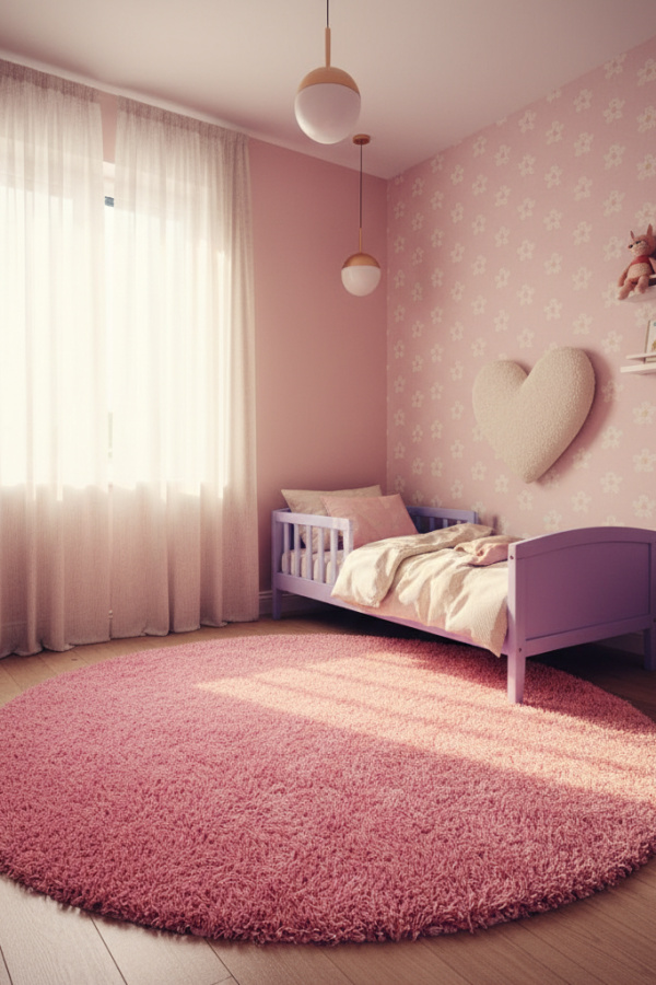 Modern Girly Serenity Toddler Girl Bedroom, Lilac Toddler Bed, 1 Cream Heart Decal, 1 Plush Pink Rug