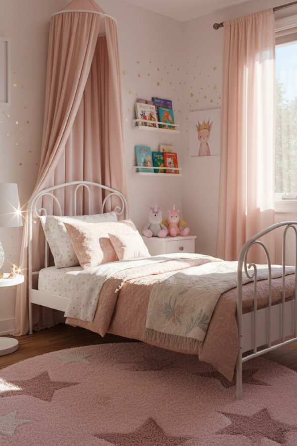 Modern Fairy Tale Glow Toddler Girl Bedroom, White Toddler Bed, 1 Blush Curtain Panel, 1 Crystal Table Lamp