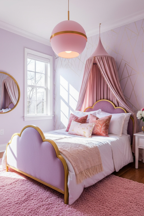 Modern Dreamy Luxe Toddler Girl Bedroom, Lilac Toddler Canopy Bed, 1 Gold-Framed Mirror, 1 Soft Pink Pendant Light