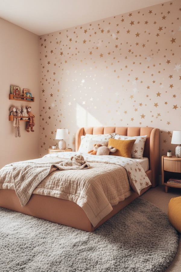 Modern Cozy Pop Toddler Girl Bedroom, Peach Toddler Bed, 1 Starry Wall Decal, 1 Fluffy Gray Rug