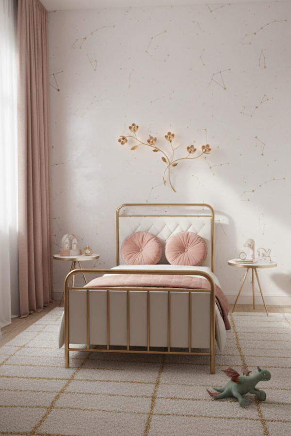 Modern Fairy Vibe Toddler Girl Bedroom, Ivory Toddler Bed, 2 Rose Pink Cushions, 1 Brass Wall Sconce
