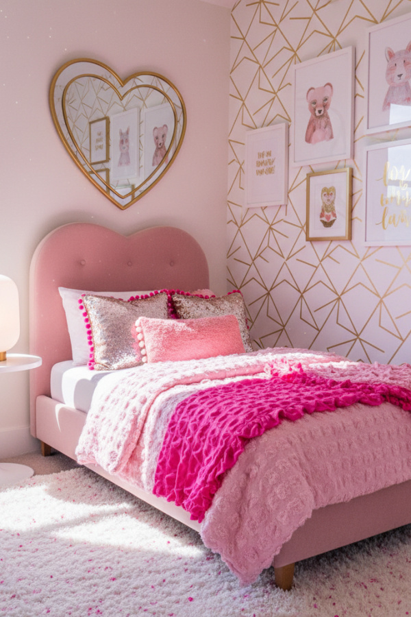 Modern Girly Glam Toddler Girl Bedroom, Blush Toddler Bed, 1 Heart-Shaped Mirror, 1 Frosted Glass Lamp