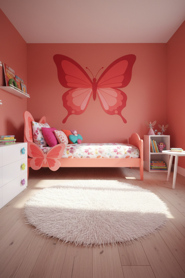 Modern Pixie Charm Toddler Girl Bedroom, Coral Toddler Bed, 1 Butterfly Wall Decal, 1 White Fur Rug
